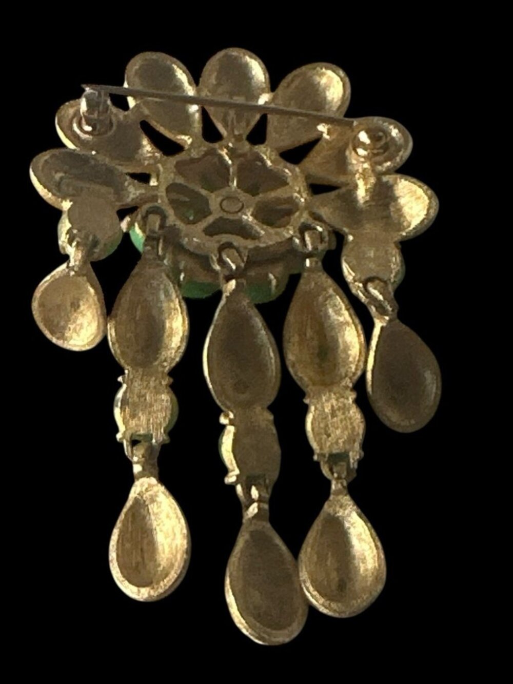 Crown Trifari Brushed Gold Tone Dangle Pin Pendant Green Cabochons Signed - Picture 4 of 10